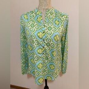Buckhead Betties aqua patterned long sleeve blouse